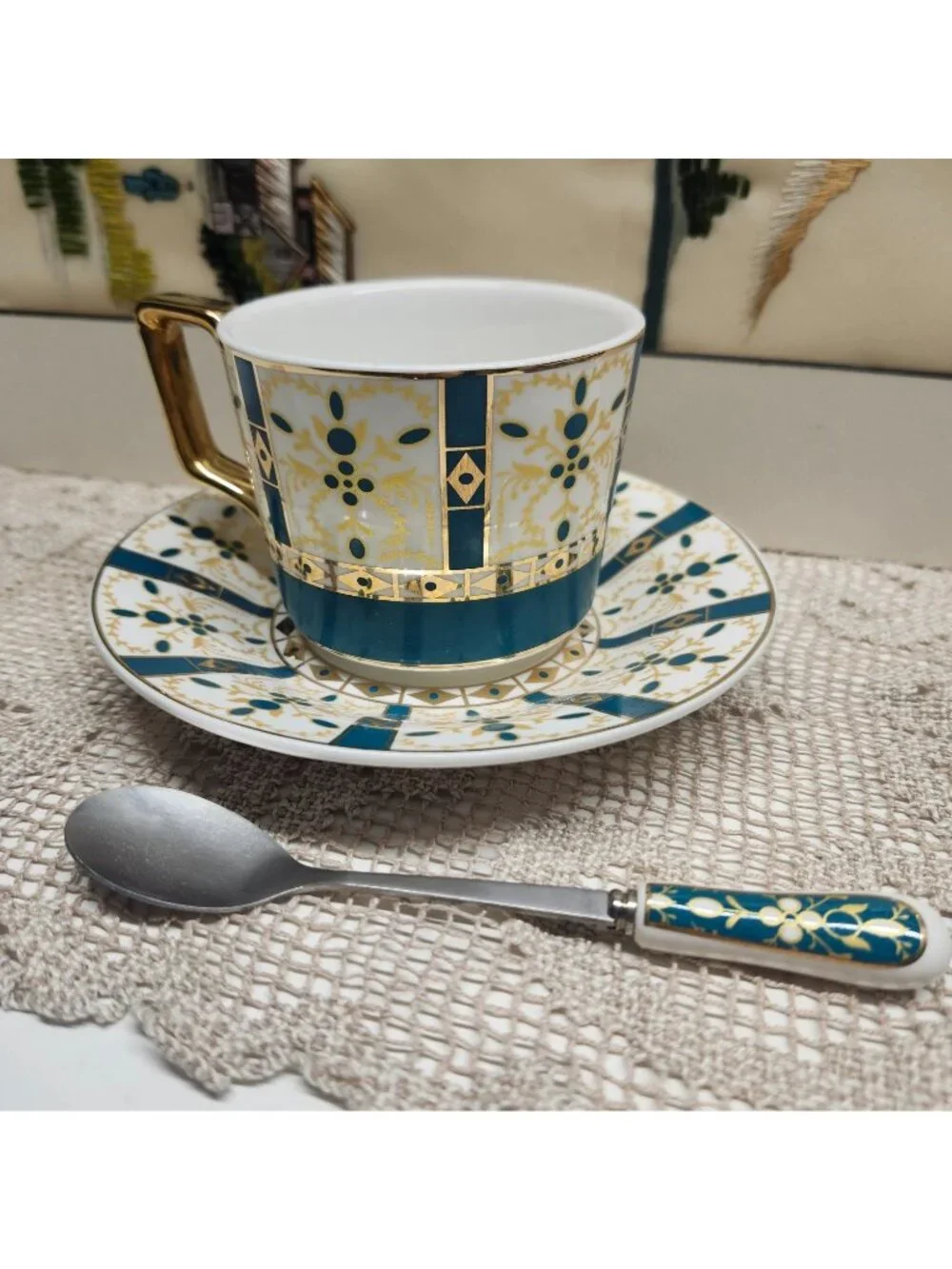 Bold Design Porcelain Tea Cup With Saucer & Matching Spoon - Intricate Blue & Go